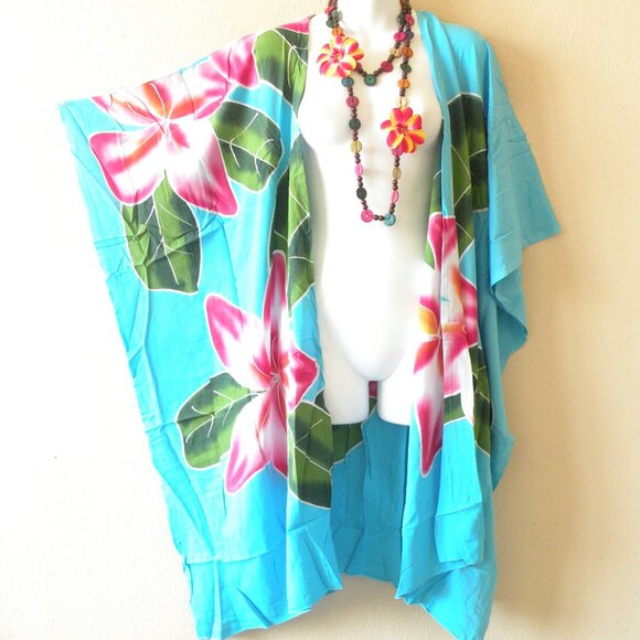CM34 Floral Batik Plus 38" Open Hand Painted Cover Up Midi Cardigan fit up to 5X - Picture 1 of 2